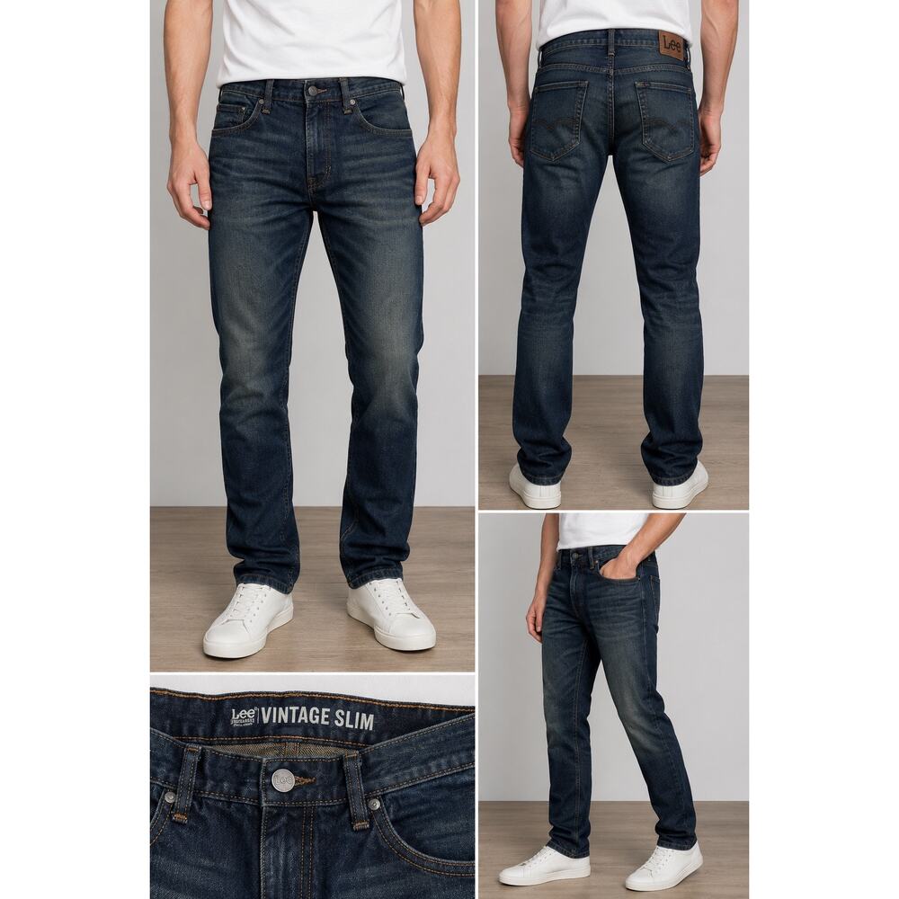 Lee Vintage Slim Jeans Men’s Size 34x32 Dark Wash Distressed Straight Denim